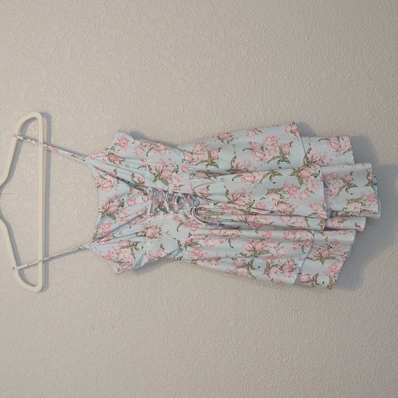 Shein MOD light blue pink ditsy floral lace up strapless mini dress - Picture 4 of 12